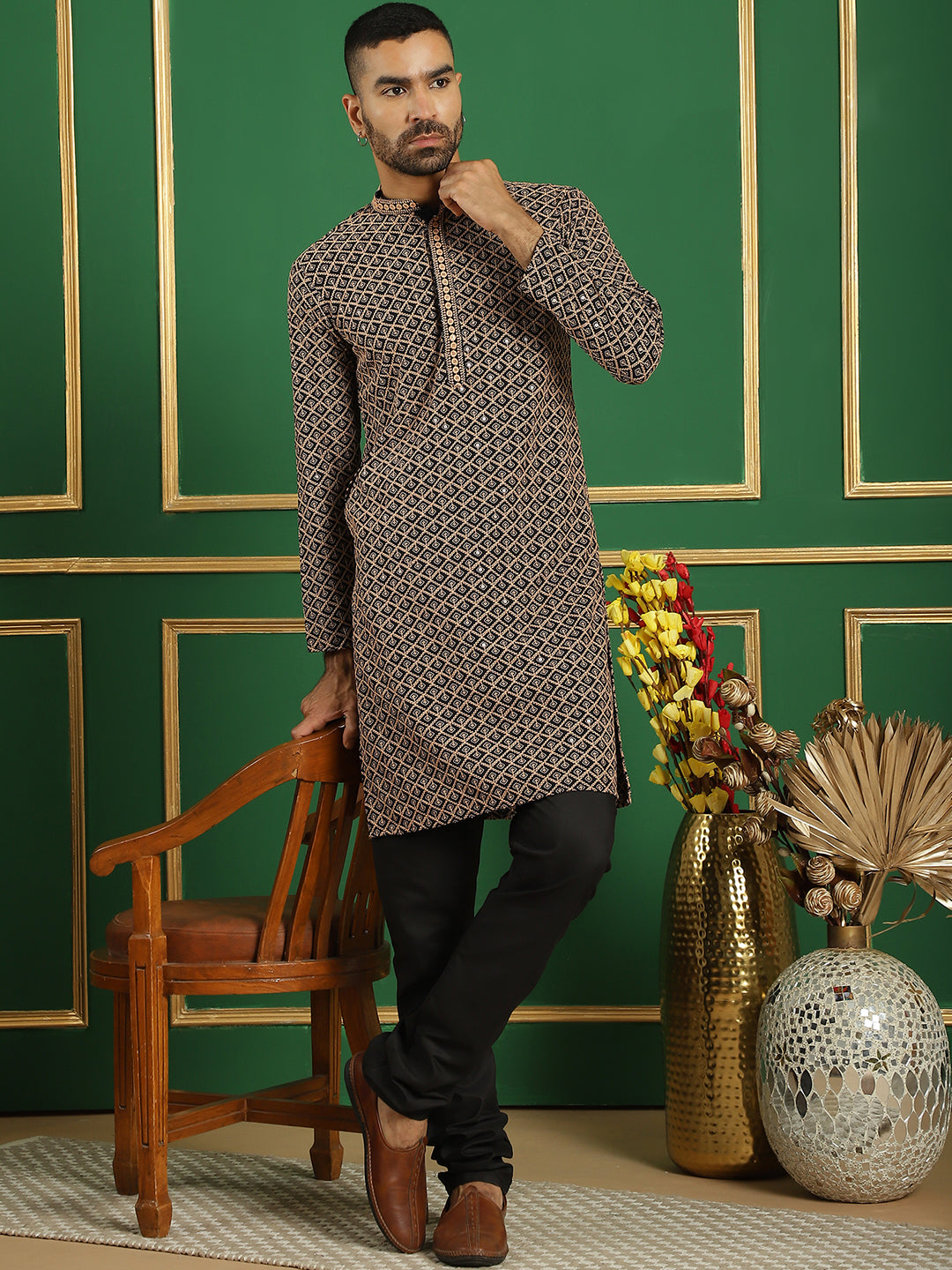 Brown Cotton Embroidered Kurta Pajama Set