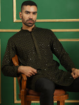 Olive Cotton Mirror Sequin Embroidered Kurta Pajama Set