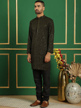 Olive Cotton Mirror Sequin Embroidered Kurta Pajama Set