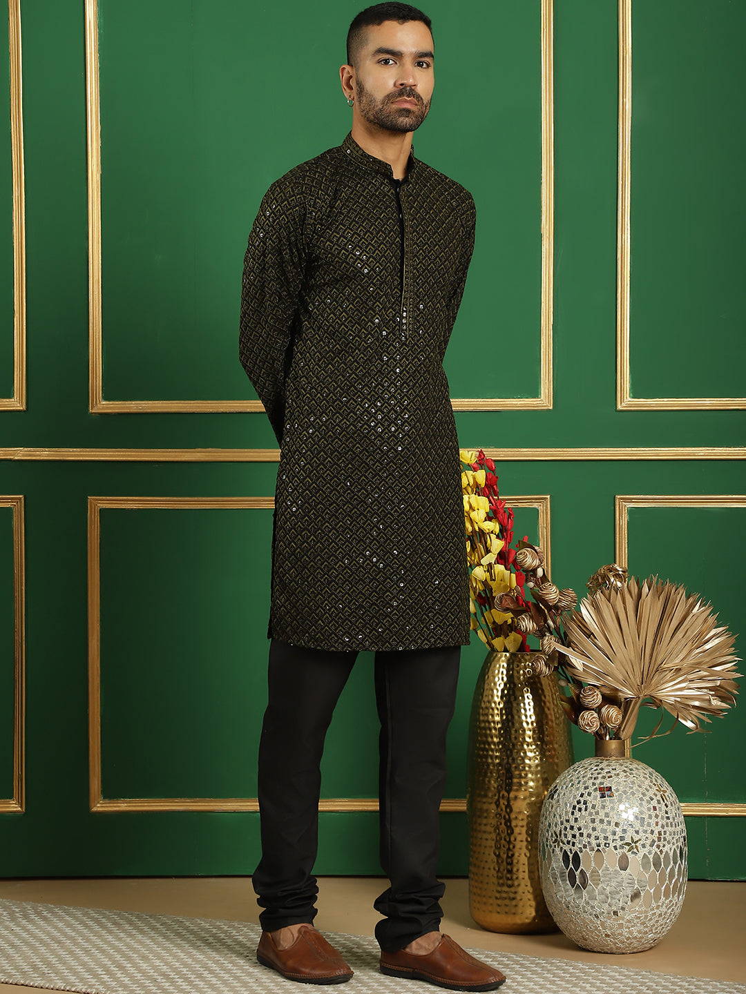 Olive Cotton Mirror Sequin Embroidered Kurta Pajama Set