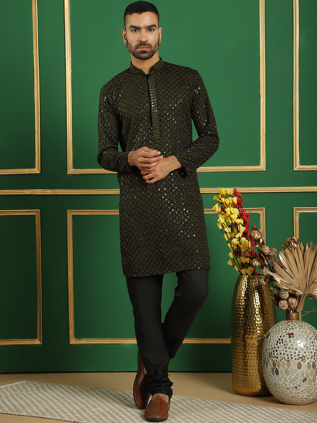 Olive Cotton Mirror Sequin Embroidered Kurta Pajama Set