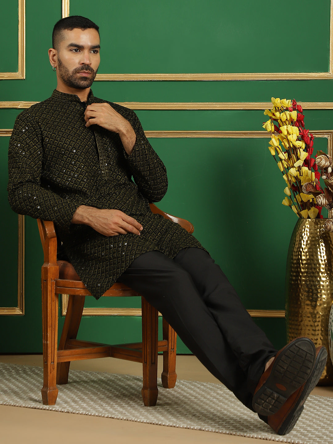 Olive Cotton Mirror Sequin Embroidered Kurta Pajama Set