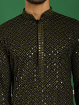 Olive Cotton Mirror Sequin Embroidered Kurta Pajama Set