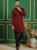 Red Cotton Mirror Sequin Embroidered Kurta Pajama Set