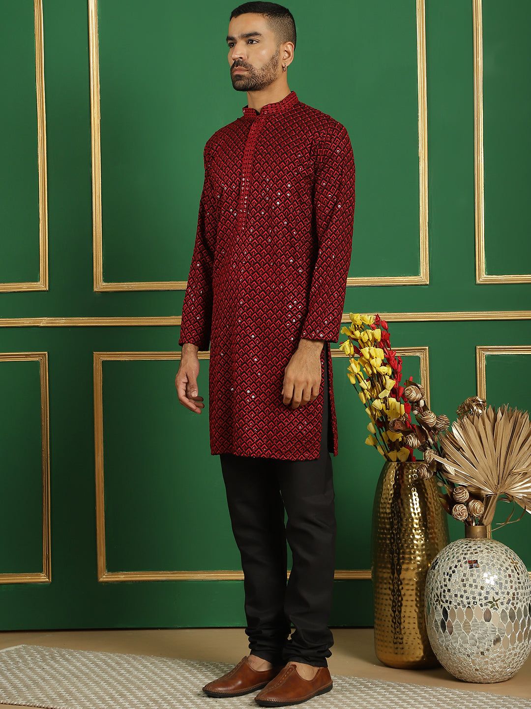 Red Cotton Mirror Sequin Embroidered Kurta Pajama Set