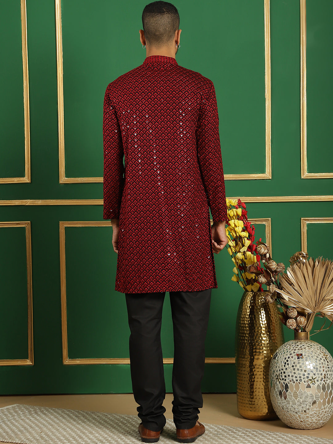 Red Cotton Mirror Sequin Embroidered Kurta Pajama Set