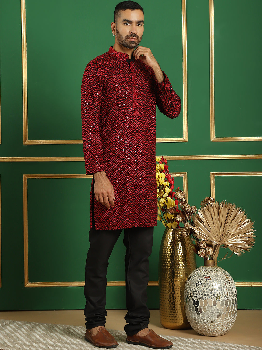 Red Cotton Mirror Sequin Embroidered Kurta Pajama Set