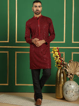 Red Cotton Mirror Sequin Embroidered Kurta Pajama Set