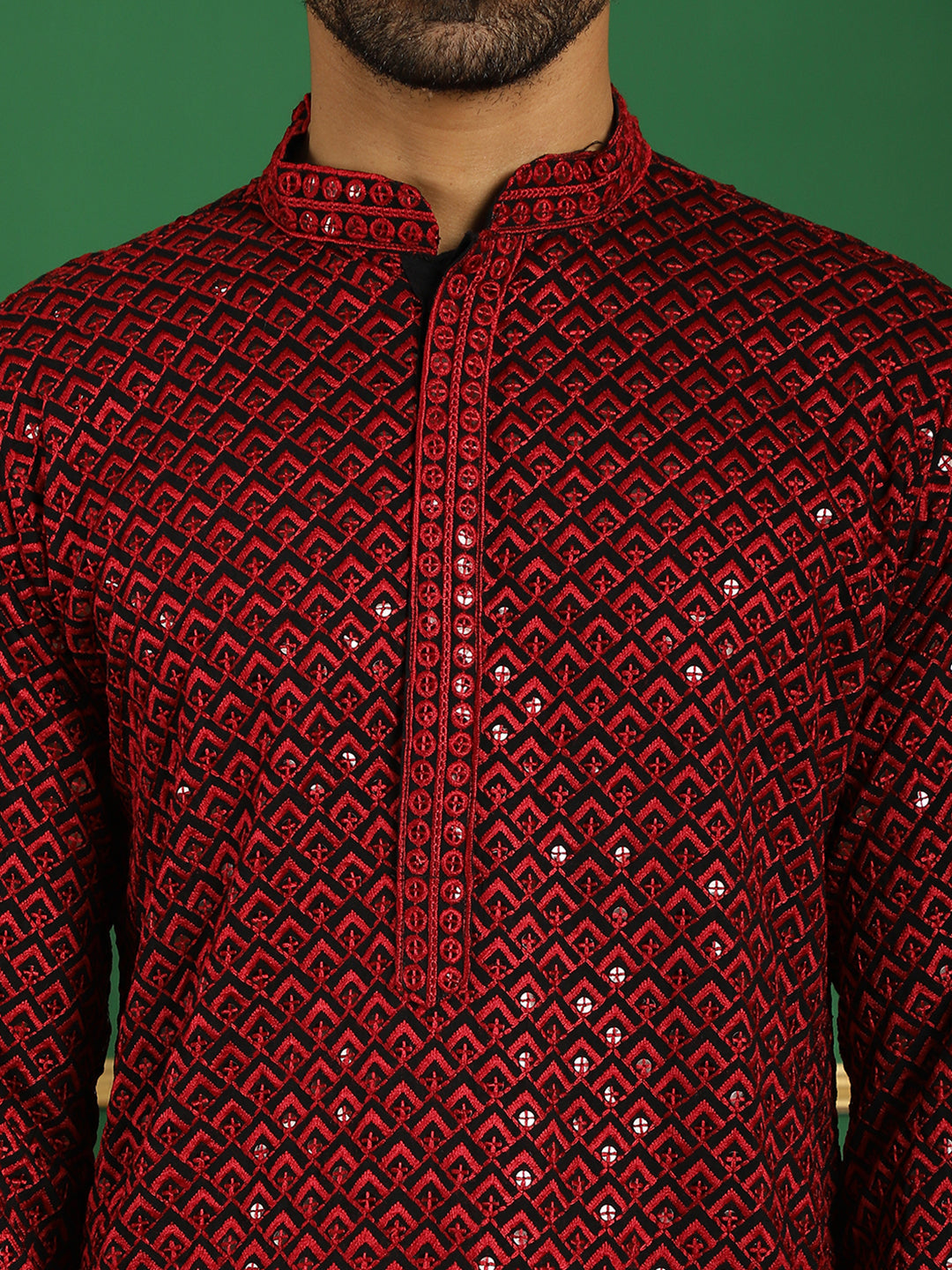 Red Cotton Mirror Sequin Embroidered Kurta Pajama Set