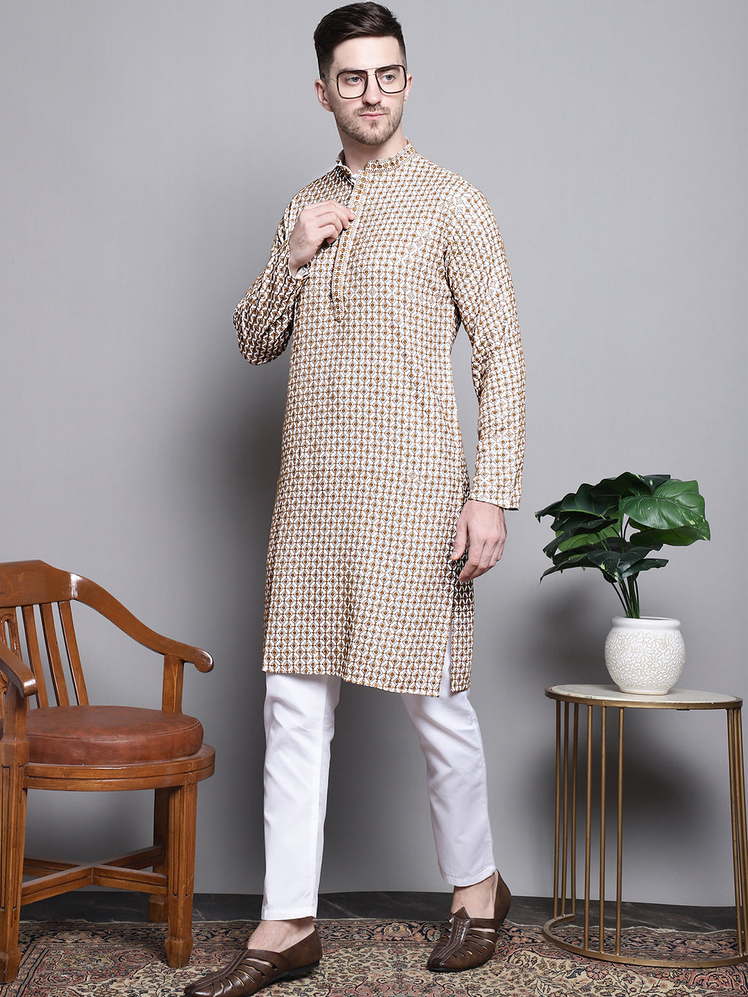 Beige Cotton Printed Embroidered Kurta Pajama Set