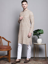 Beige Cotton Printed Embroidered Kurta Pajama Set