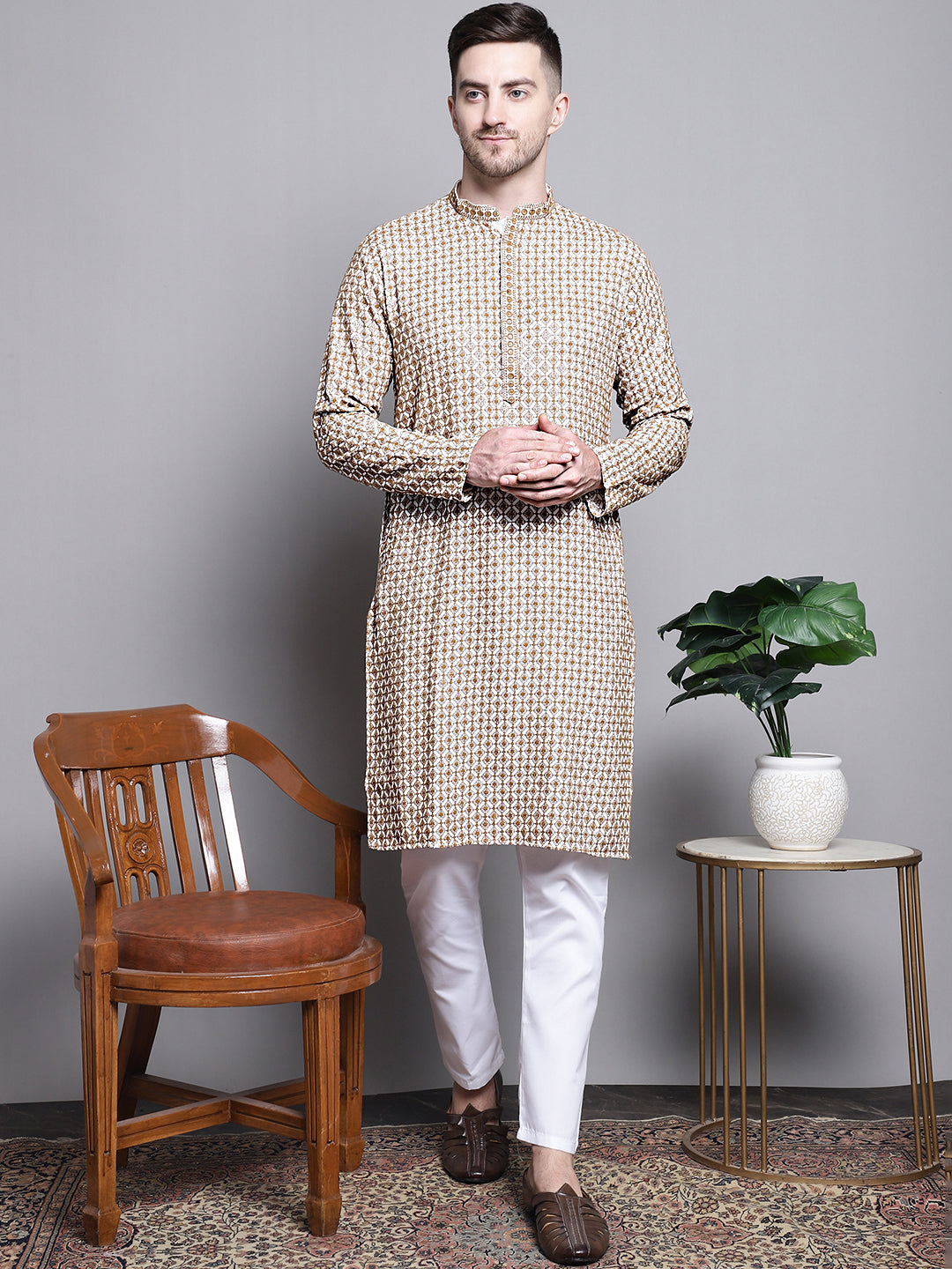 Beige Cotton Printed Embroidered Kurta Pajama Set