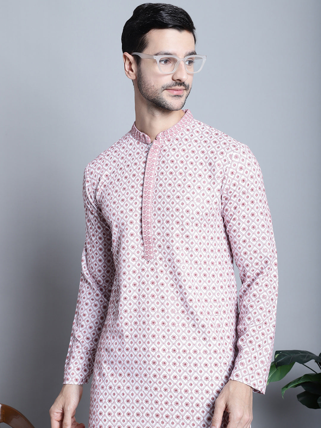 Pink Viscose Embroidered Kurta Pajama Set