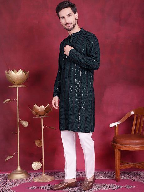 Men's Sequins Chikankari Embroidered Kurta With Pyjama