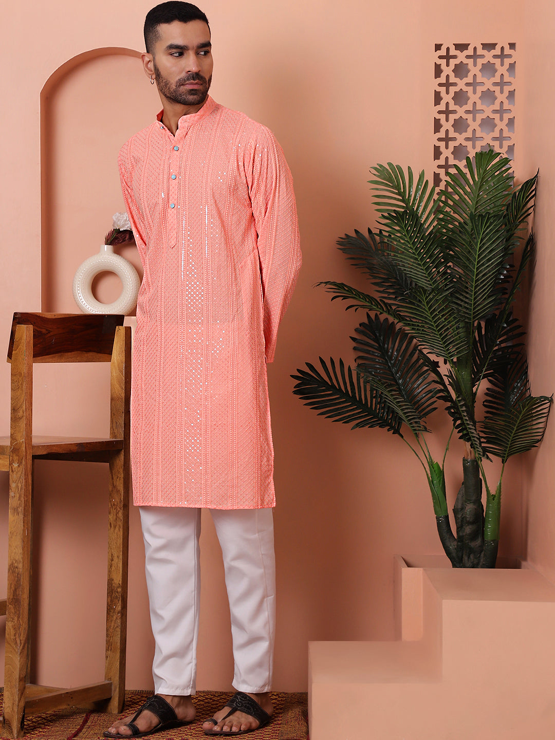 Peach Viscose Sequin Embroidered Kurta Pajama Set