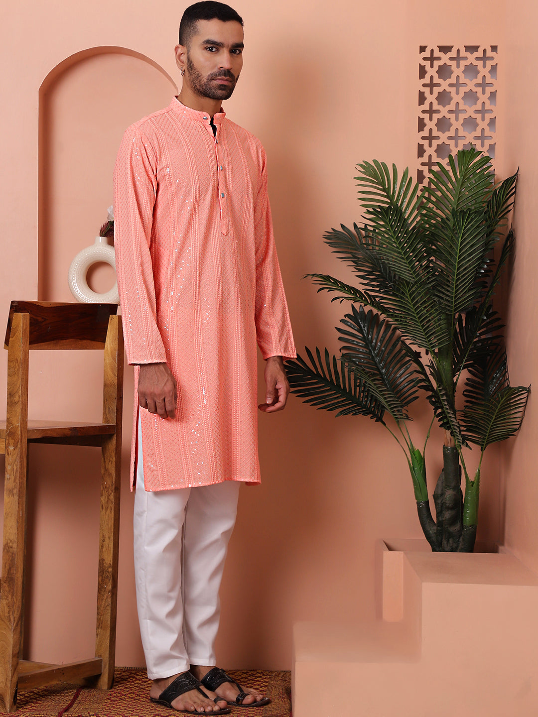 Peach Viscose Sequin Embroidered Kurta Pajama Set