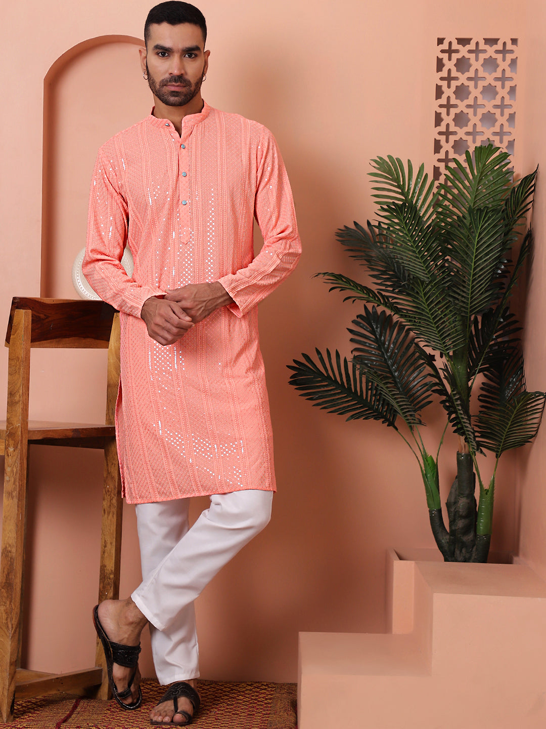 Peach Viscose Sequin Embroidered Kurta Pajama Set