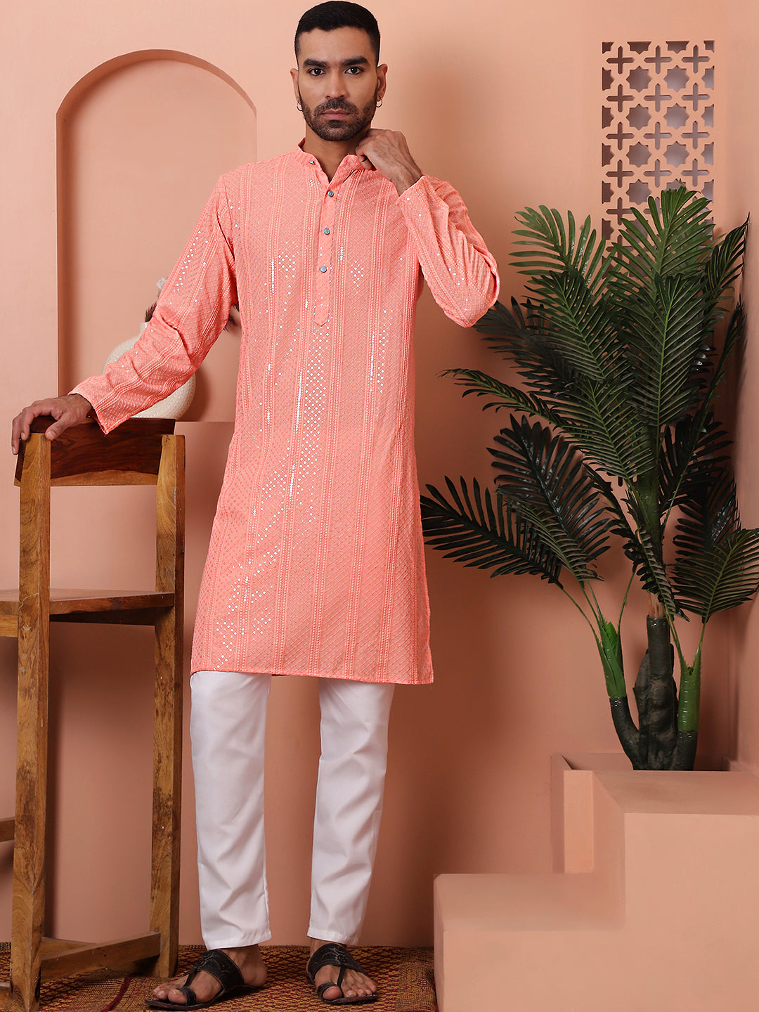 Peach Viscose Sequin Embroidered Kurta Pajama Set