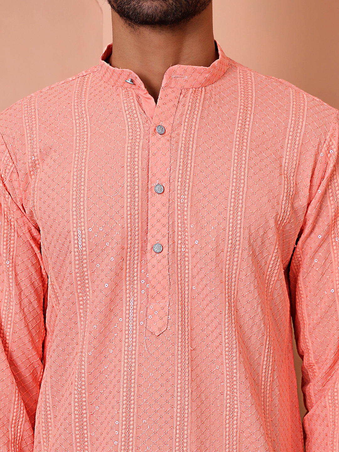 Peach Viscose Sequin Embroidered Kurta Pajama Set