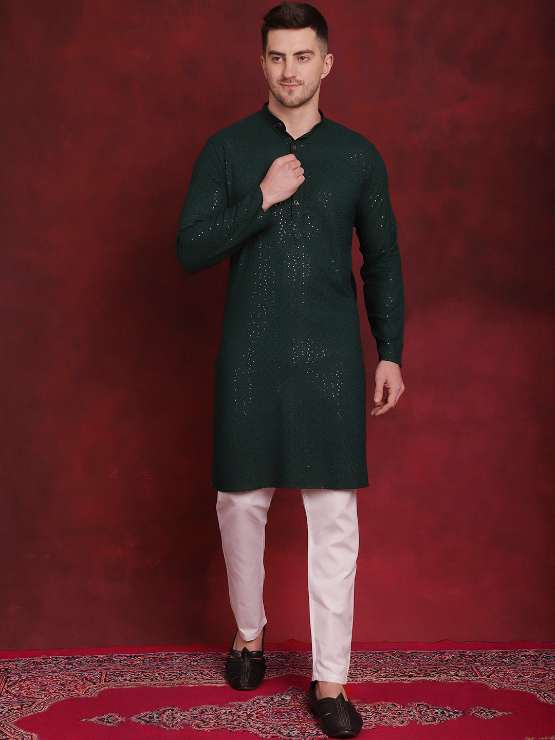 Olive Viscose Mirror Sequin Embroidered Kurta Pajama Set