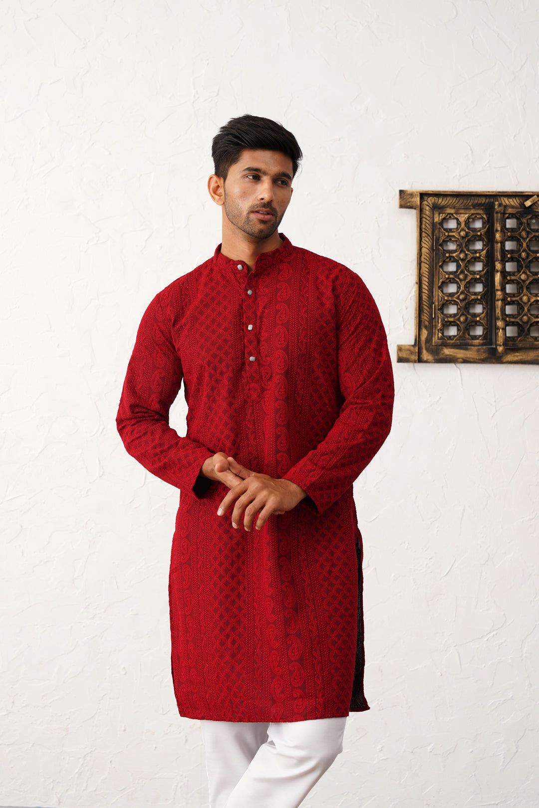 Red Georgette Embroidered Kurta Pajama Set