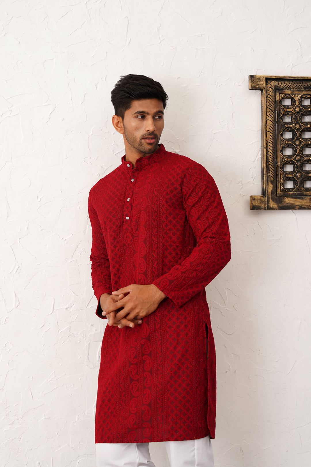 Red Georgette Embroidered Kurta Pajama Set