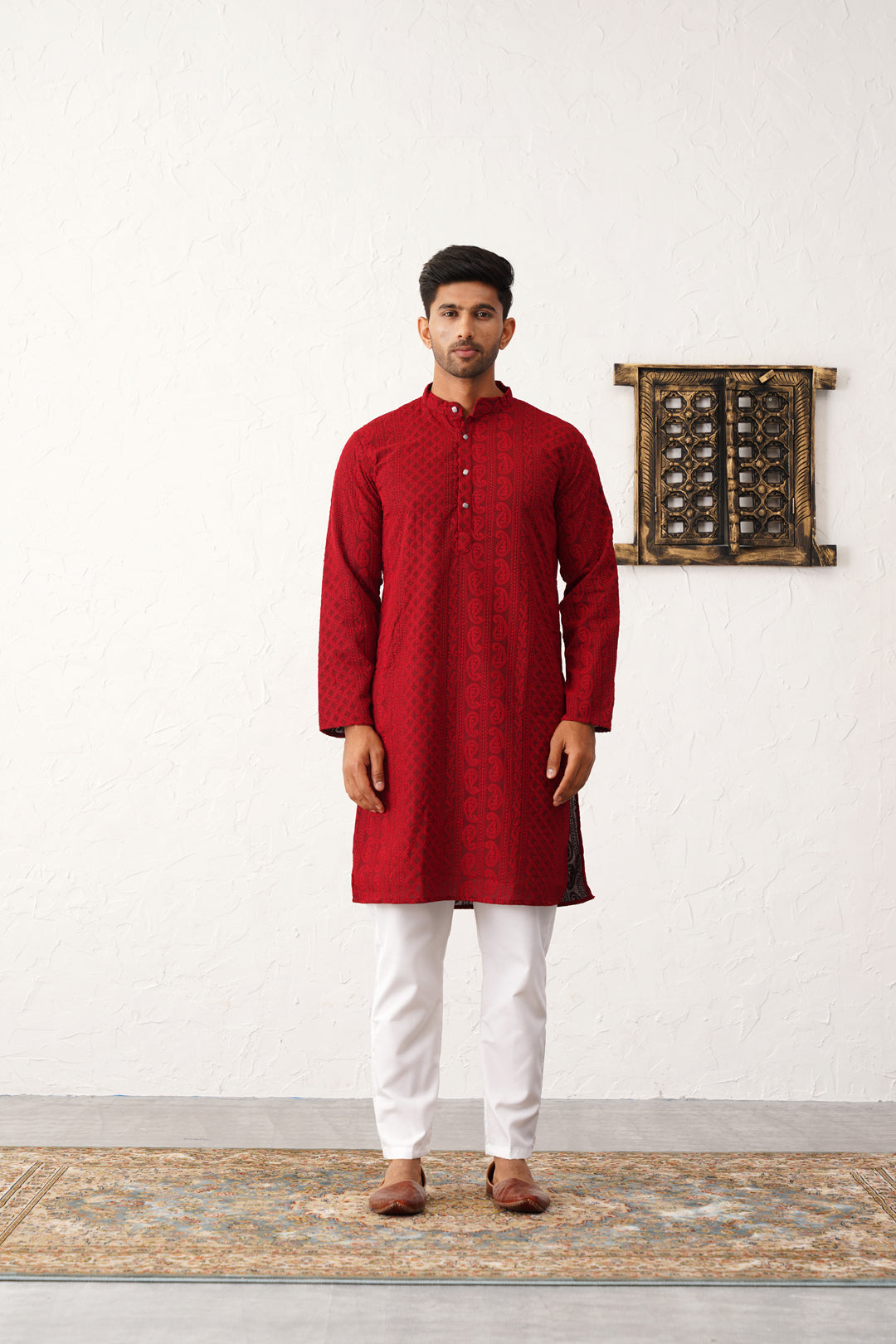 Red Georgette Embroidered Kurta Pajama Set