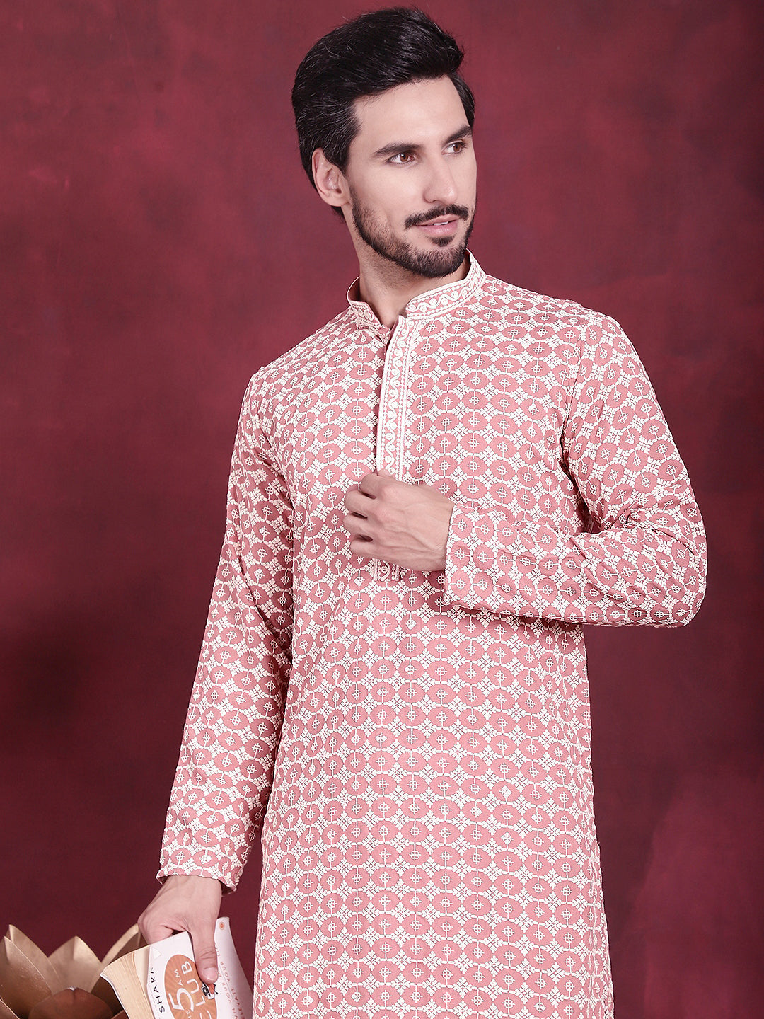 Pink Viscose Embroidered Kurta Pajama Set