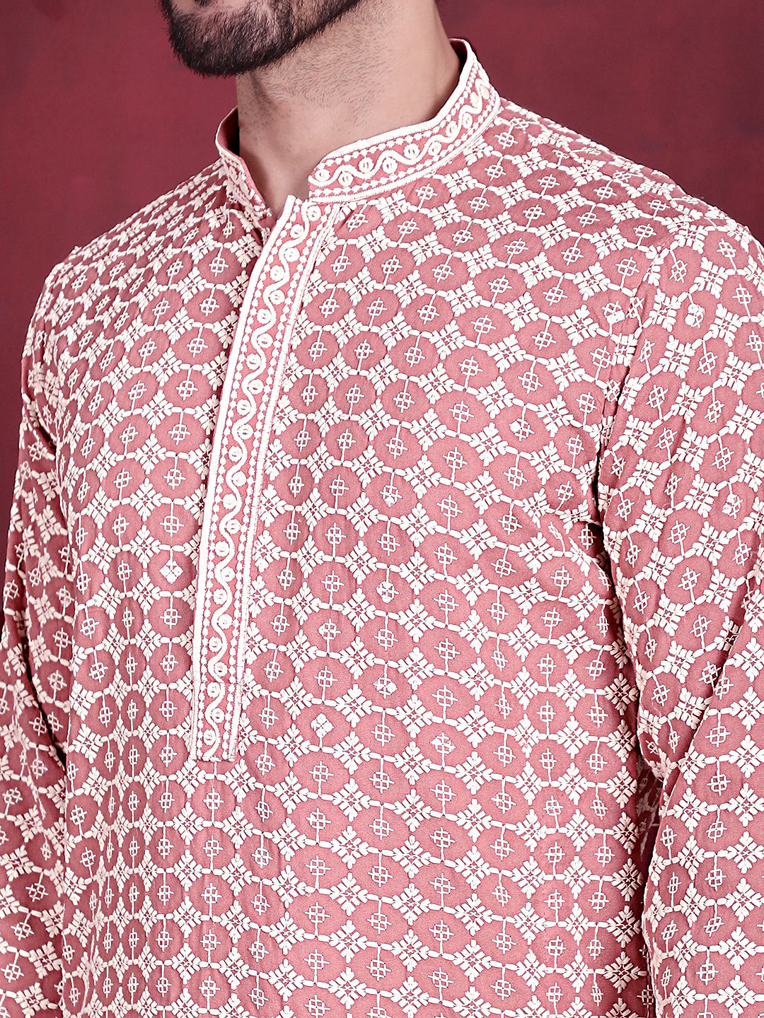 Pink Viscose Embroidered Kurta Pajama Set