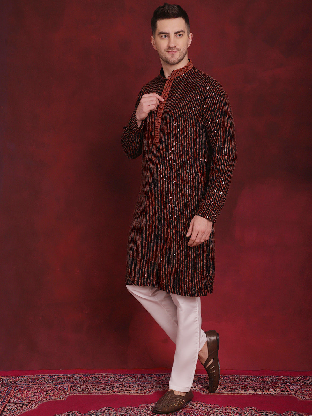 Men's Sequins Chikankari Embroidered Kurta With Pyjama