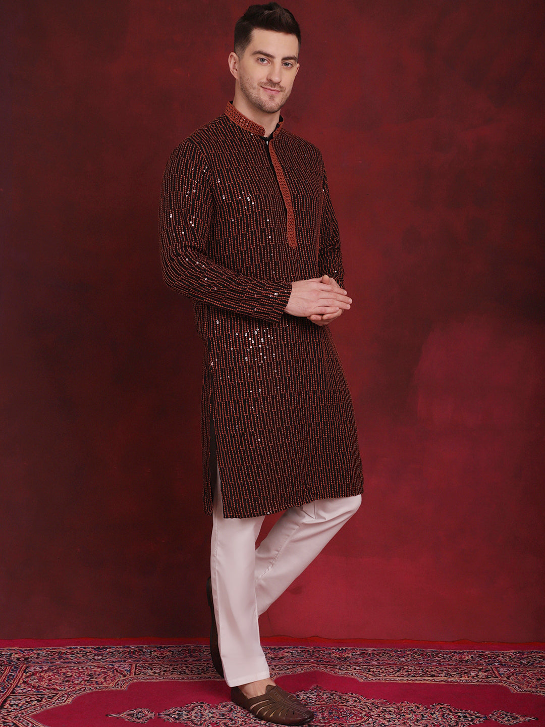 Men's Sequins Chikankari Embroidered Kurta With Pyjama