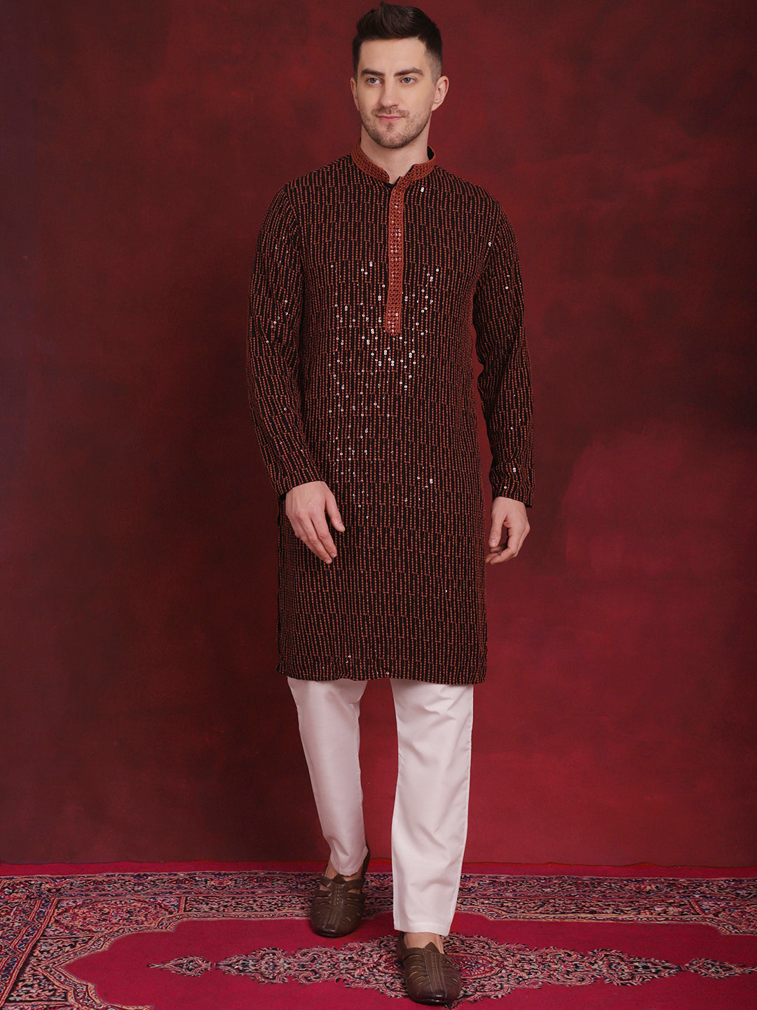 Men's Sequins Chikankari Embroidered Kurta With Pajama