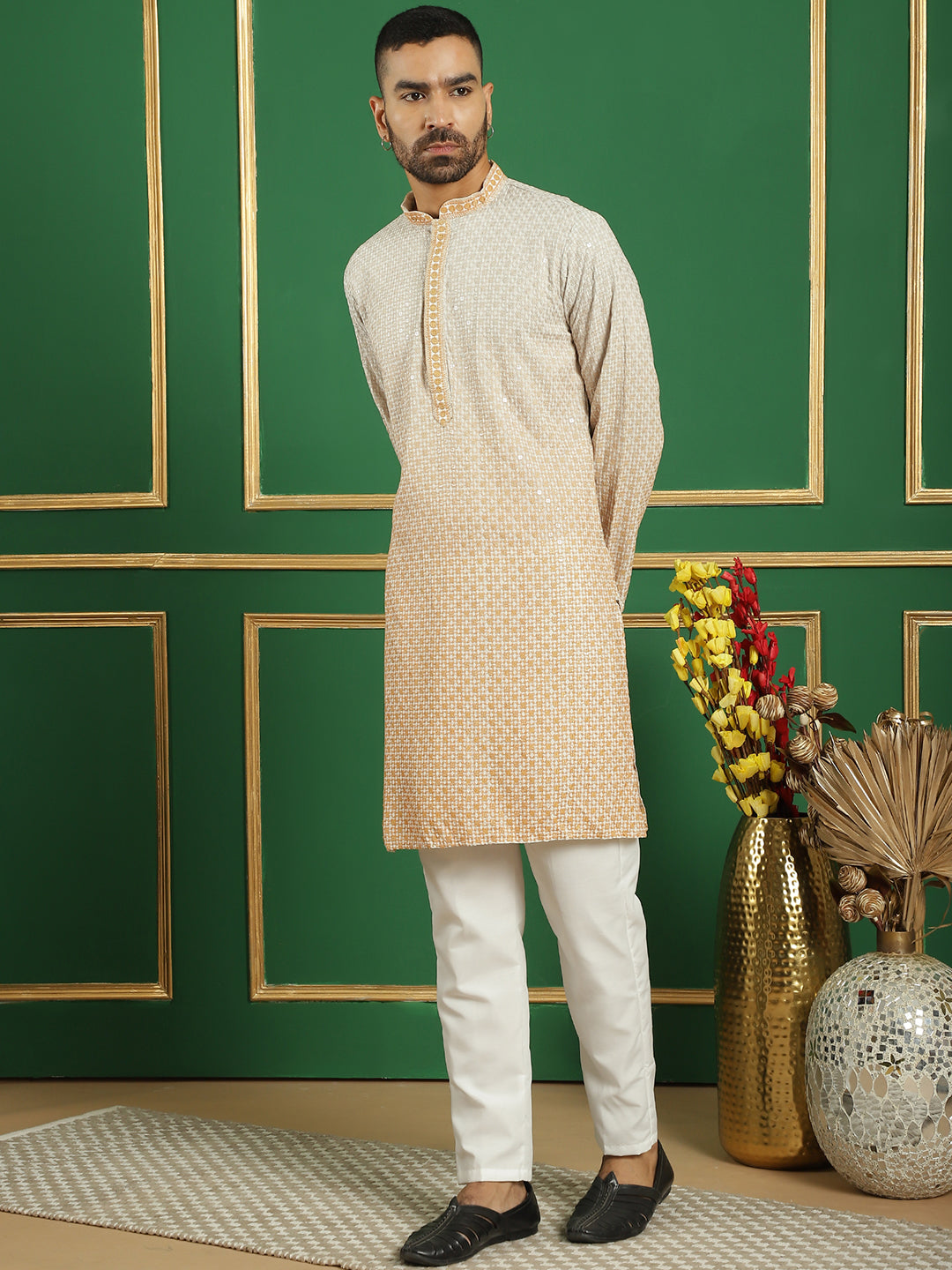 Beige Cotton Embroidered Kurta Pajama Set