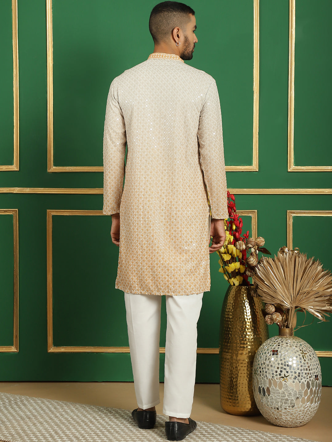 Beige Cotton Embroidered Kurta Pajama Set