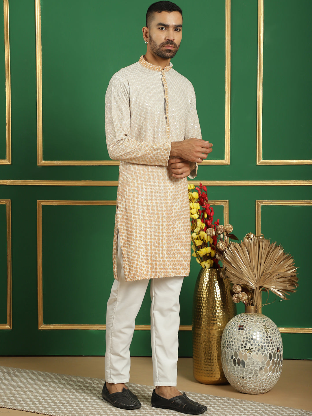 Beige Cotton Embroidered Kurta Pajama Set