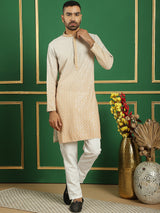 Beige Cotton Embroidered Kurta Pajama Set