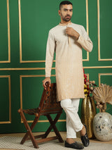 Beige Cotton Embroidered Kurta Pajama Set