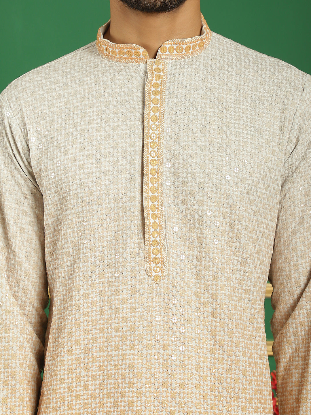 Beige Cotton Embroidered Kurta Pajama Set