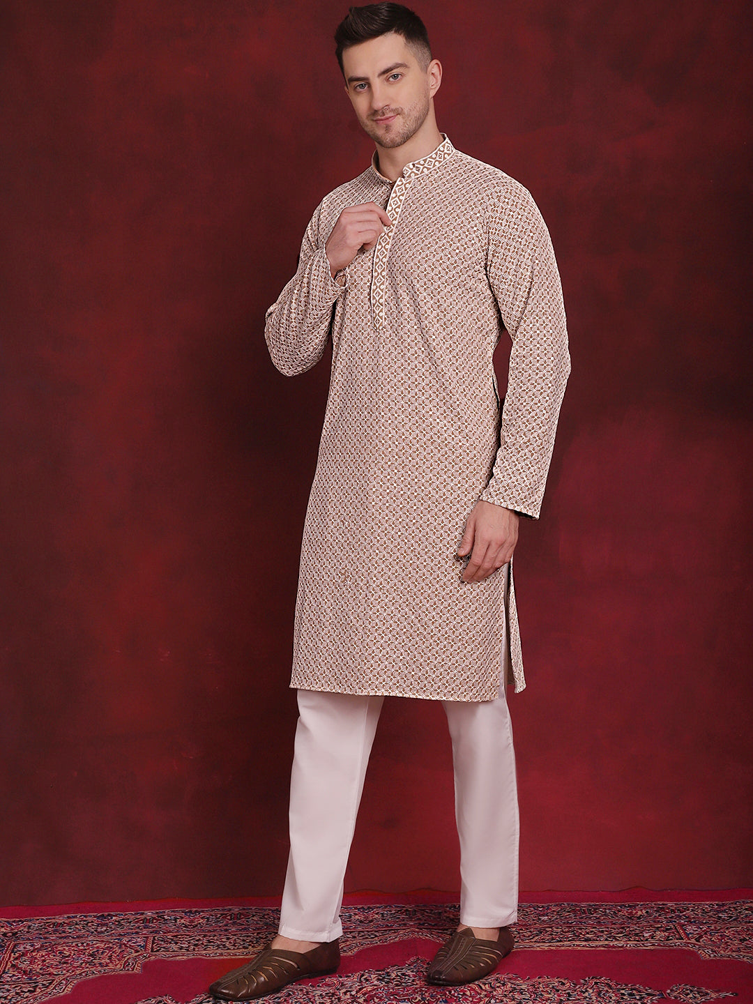 Men's Sequin Embroidered Pure Cotton Kurta With Pyjamas