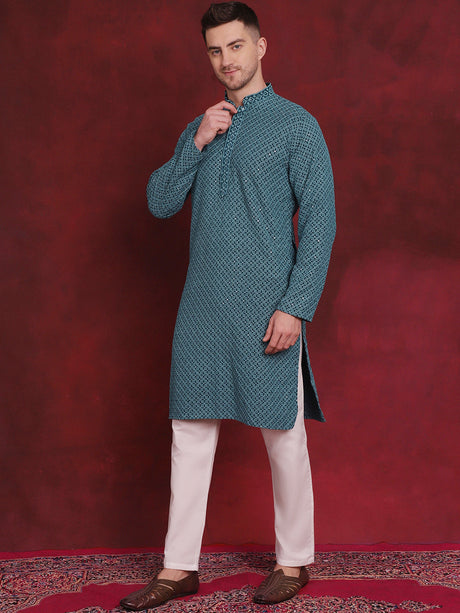 Men's Sequin Embroidered Pure Cotton Kurta With Pyjamas