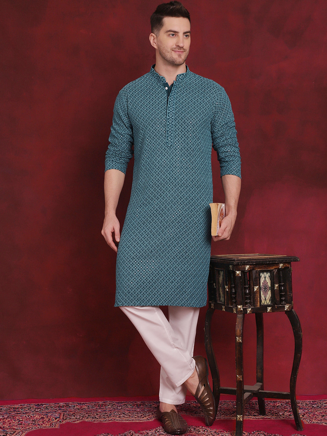 Teal Viscose Embroidered Kurta Pajama Set