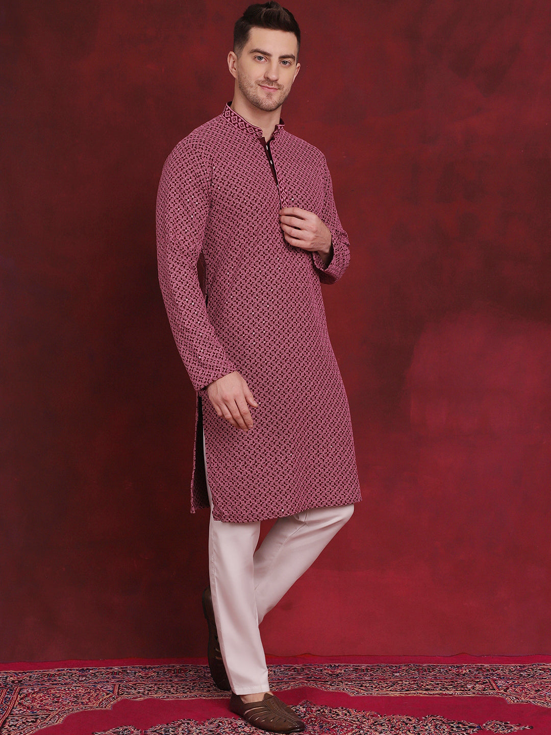 Men's Sequin Embroidered Pure Cotton Kurta With Pyjamas