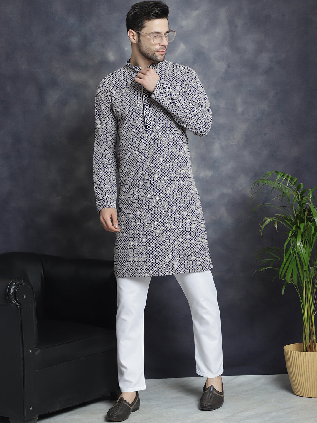 Navy Blue Viscose Embroidered Kurta Pajama Set