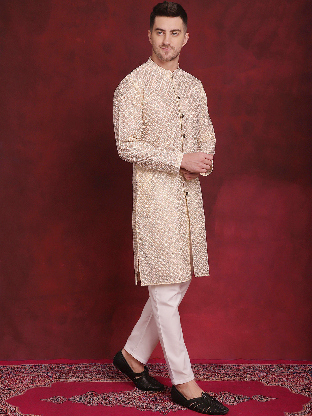 Men's Sequin Chikankari Front Open Kurta With Pyjamas