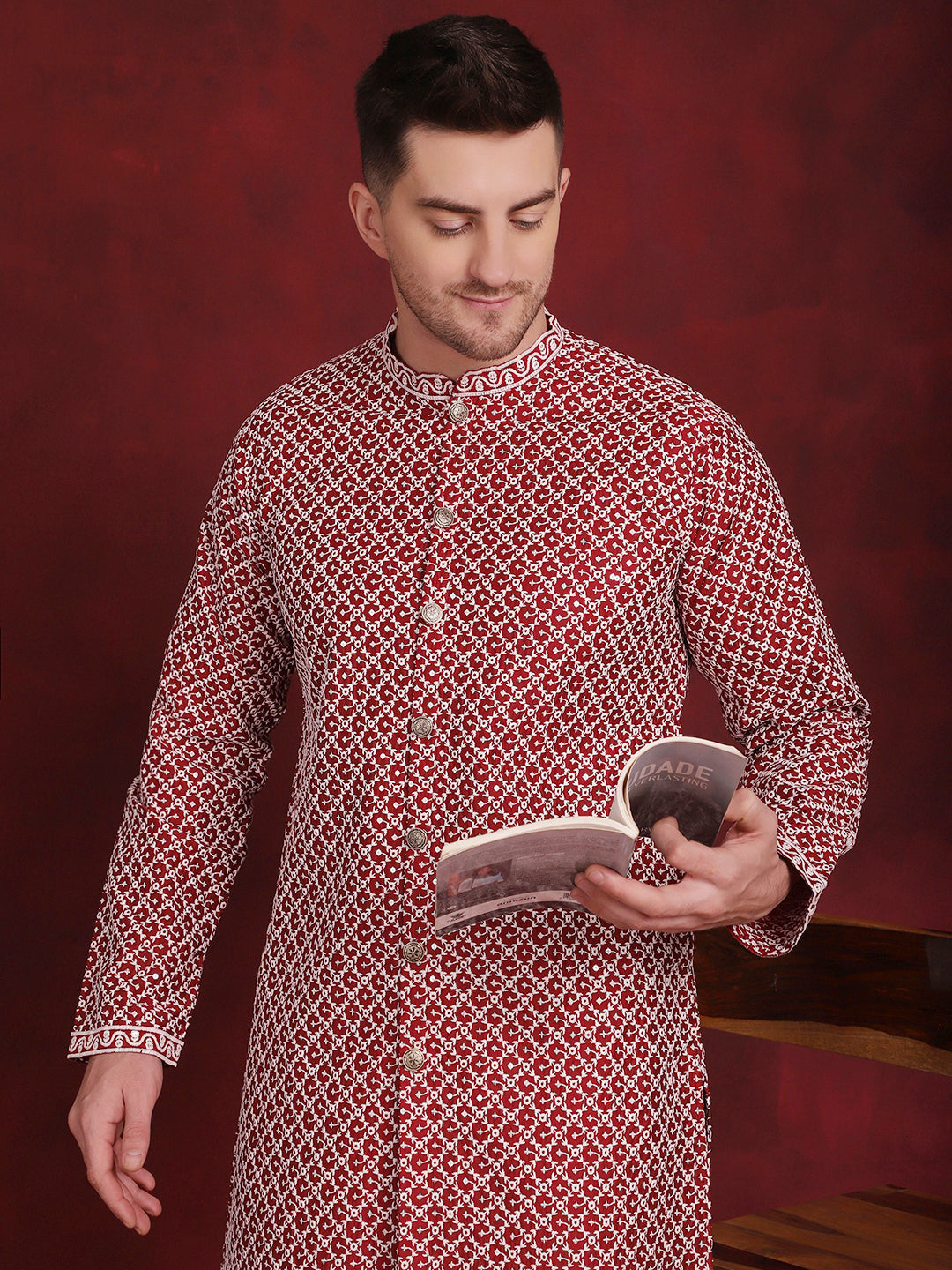 Men's Sequin Chikankari Front Open Kurta With Pyjamas