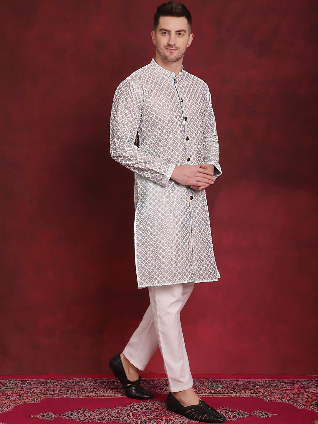 Men's Sequin Chikankari Front Open Kurta With Pyjamas