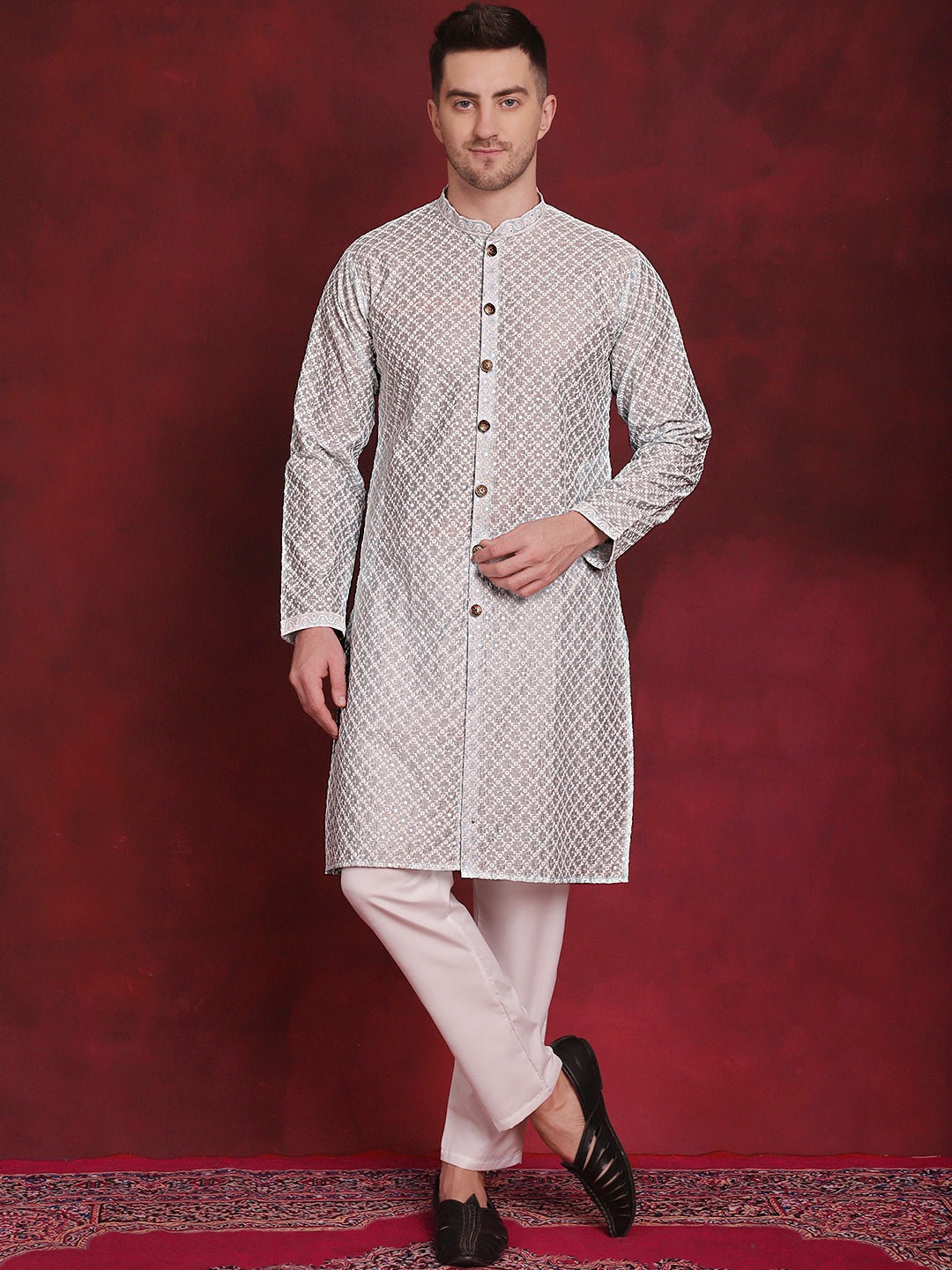 Men's Sequin Chikankari Front Open Kurta With Pyjamas