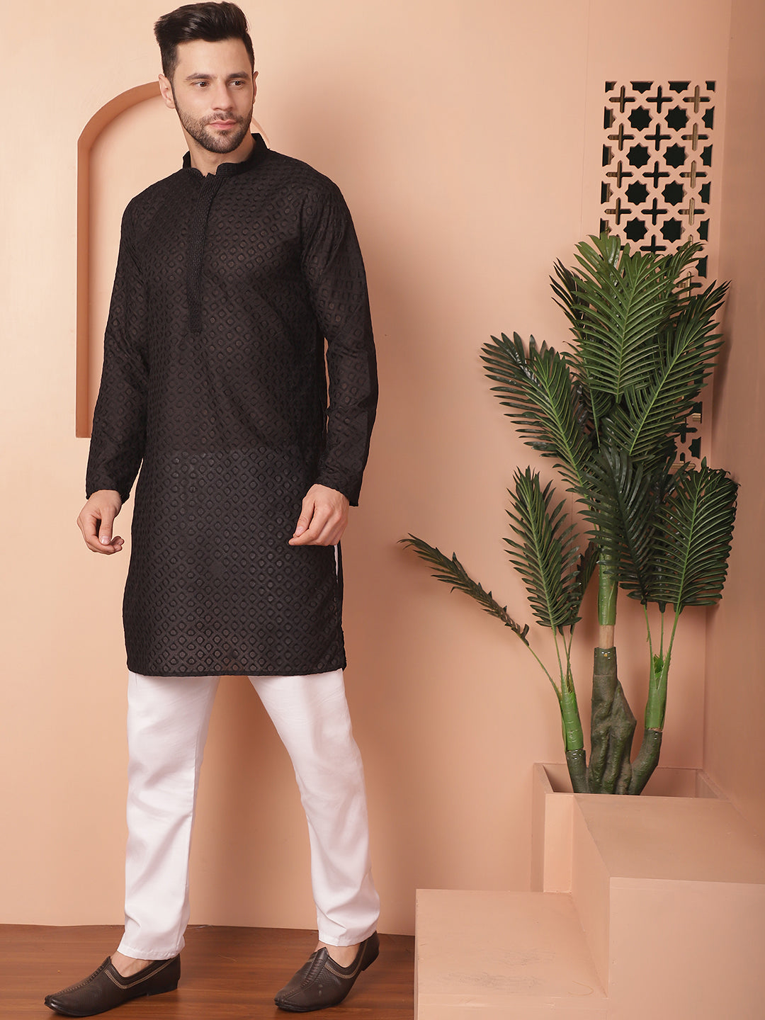 Black Cotton Embroidered Kurta Pajama Set