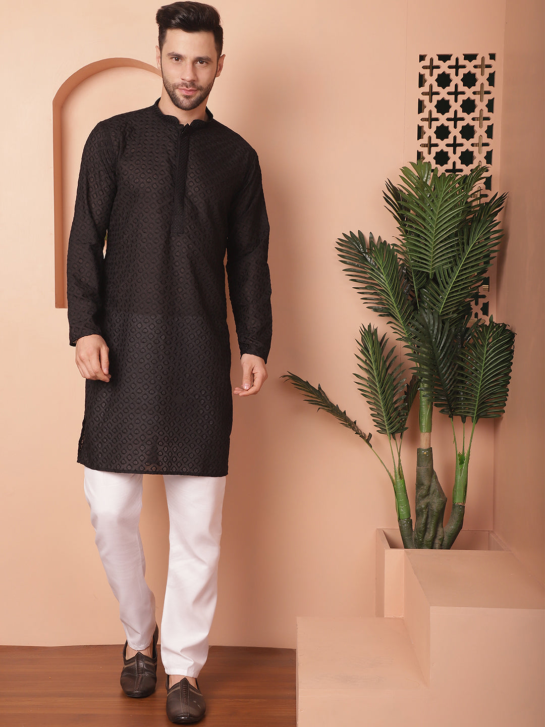 Black Cotton Embroidered Kurta Pajama Set