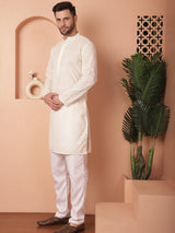 Off White Cotton Embroidered Kurta Pajama Set